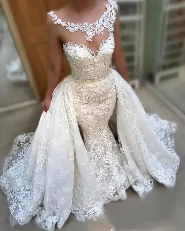 

Customized Sexy Mermaid Lace Wedding DressesDetachable New Fashion Formal Bride Gowns Vestido De Novia