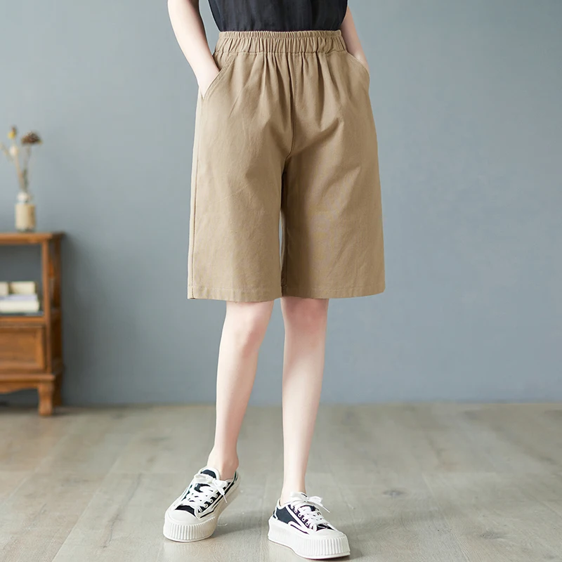 High Waist Cotton Linen Wide Leg Casual Pants Women's Thin Five-Point Straight Tube Pants Casual Versatile Summer Trousers