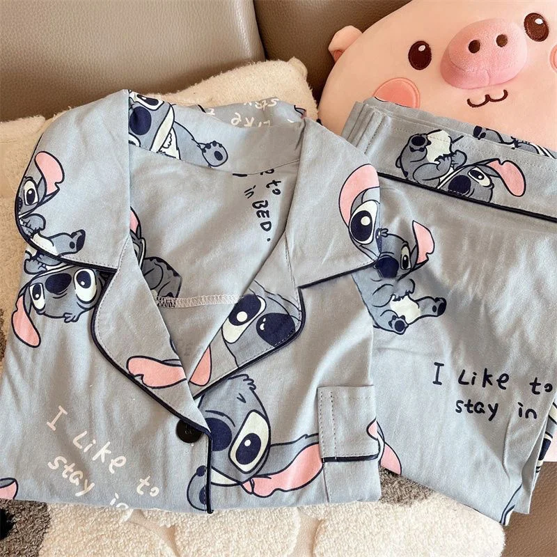 New Disney Stitch Pajamas Set Kawaii Lilo and Stitch Outerwear Home Clothes Set Student Fashion Casual Pajamas Two-piece Set