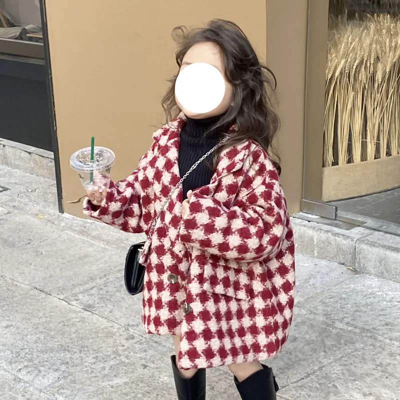 Children Coat 2023 Winter New Year Wear for Girls Small and Medium Sized Children Thickened Cotton Clip Korean Checkered Coat