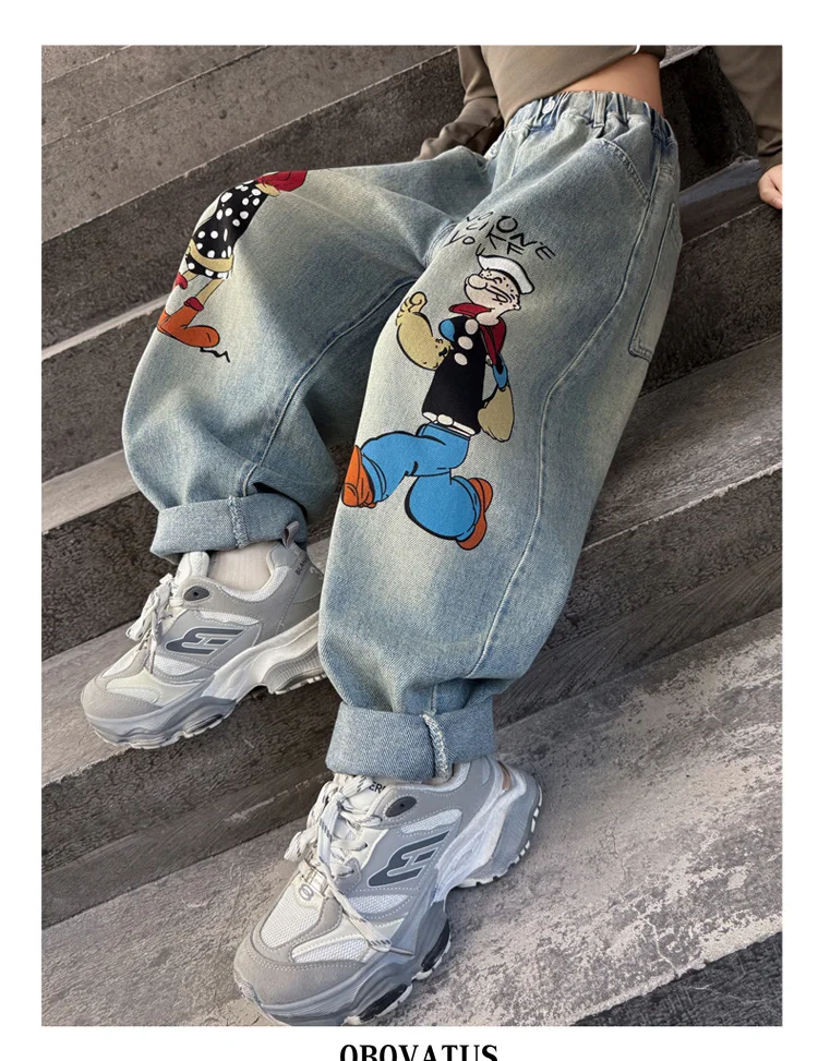 Frühlings-Kinder-Retro-Jeans in Blau mit Marken-Cartoon-Print für Mädchen, Lässige, Lose, Gerade Geschnittene Denim-Hose, Kinderhose mit Hoher Taille – Detail 8