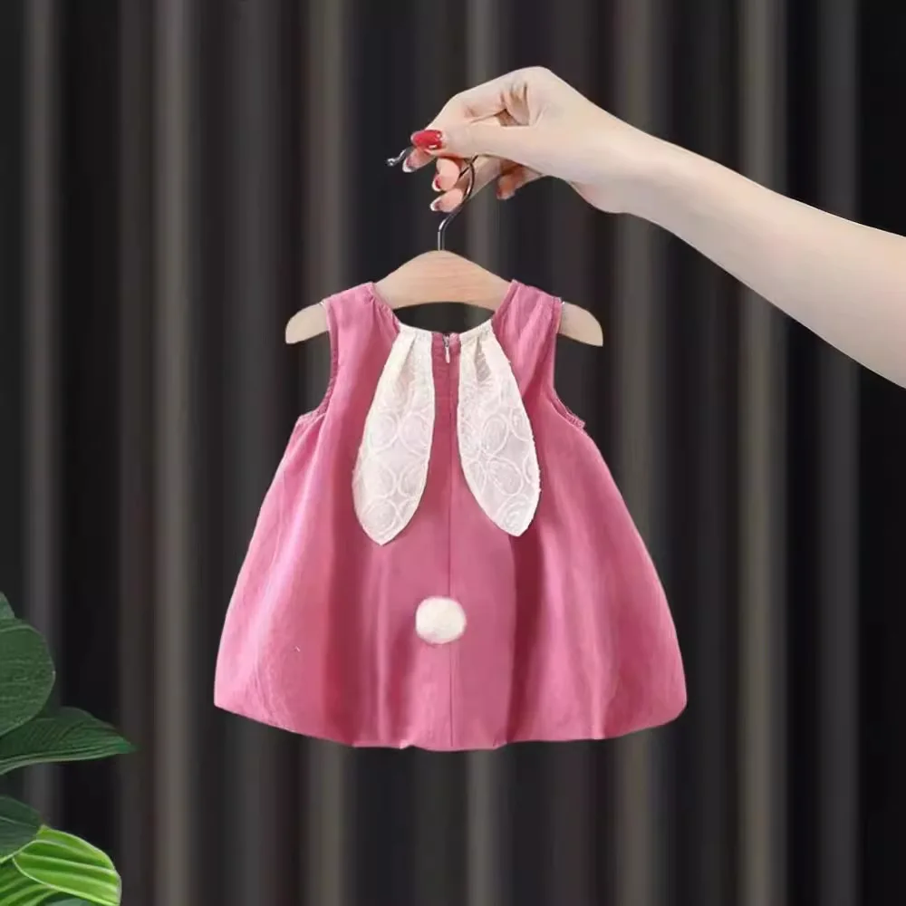 Baby Dresses Summer Cartoon Rabbit Ears Pattern Solid Color Simple Baby Girl Dress Cute Casual Girl Kid's Dress Clothing