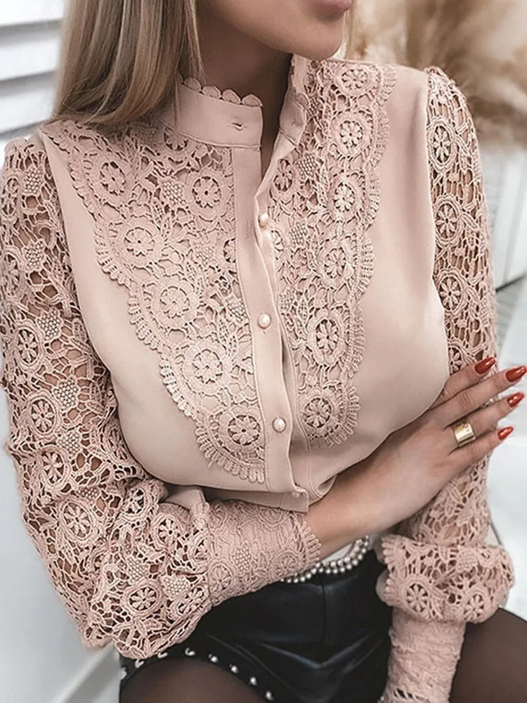 Women Sexy White Lace Patchwork Hollow Out Blouse Long Sleeve O-Neck Mesh Tops Spring Autumn Elegant Office Lady Button Shirts