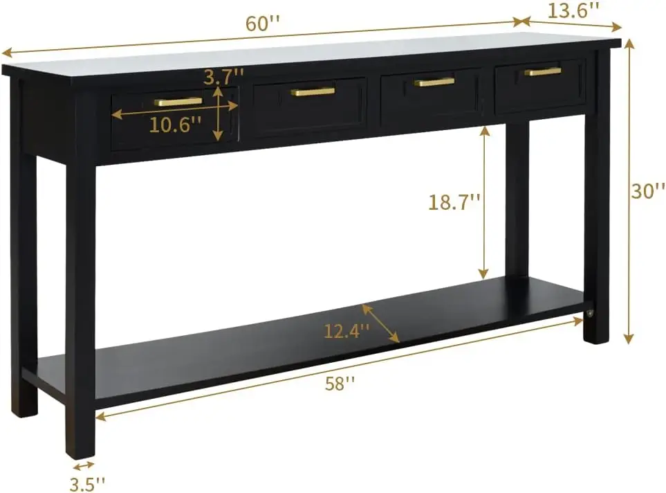 60 Inch Sofa Table w/4 Drawers and Bottom Shelf Narrow Long Hallway Table for Living Room Entryway Home, Black