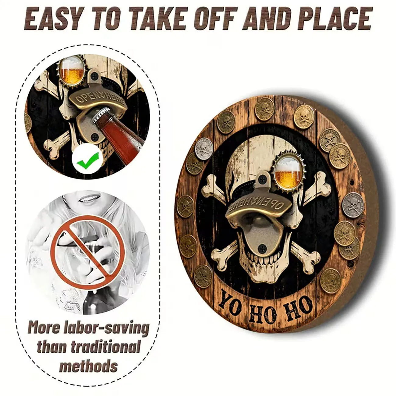 1pc 2D Flat Round Wooden Wall Bottle Opener, Pirate Skull Crossbones Coin Print Wood Sign for Bar & Man Cave Wall Decor