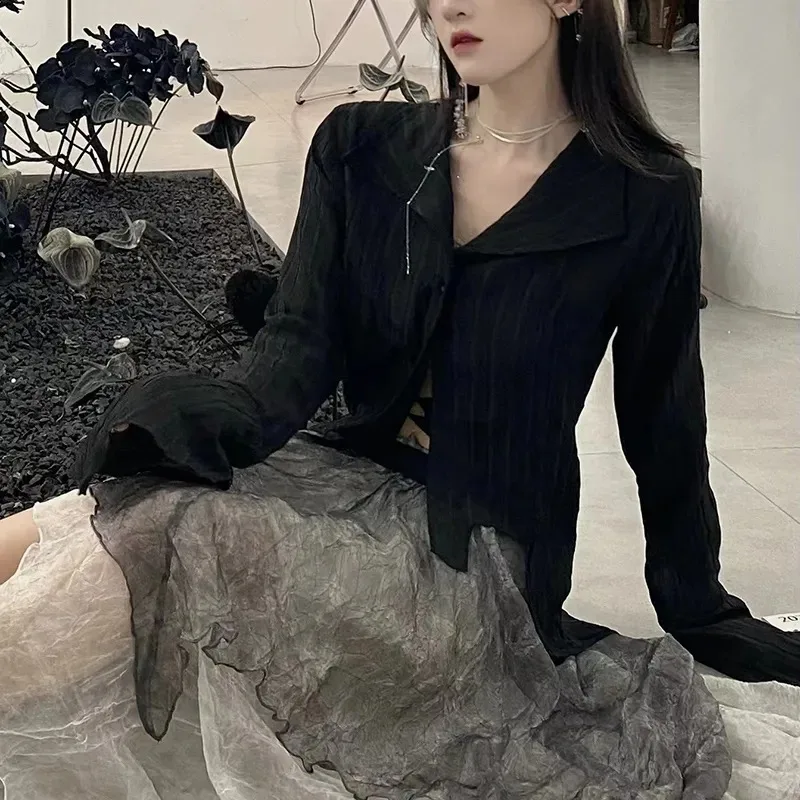 Women Black Shirts Korean Dark Academic Female Designed Irregular Tops Spring Fashion Streetwear Y2K Blouse