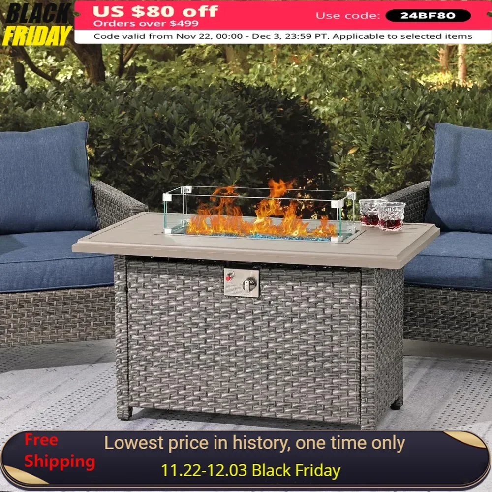 

43 Inch Fire Pit Table, Aluminum Tabletop, Glass Wind Guard, Fires Glass, Lid, Cover, 50,000 BTU, Wicker Propane Fire Pit Table