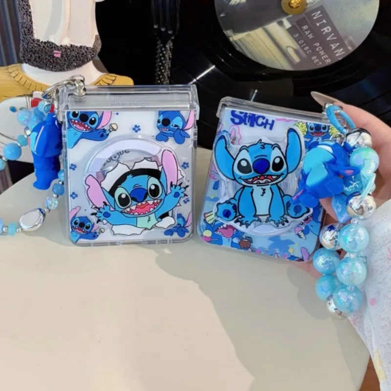Disney Kawaii Stitch Clear Folding Phone Case with For Magnetic Grip Stand & Beaded Strap for Samsung Z Flip 5 6 7 7FE