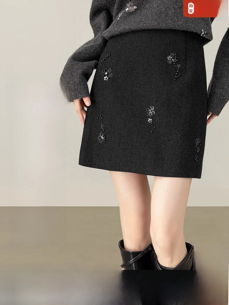 

Warm Woolen A-Line Skirt for Women Winter Commute Ele mid Waist Design ket Detail Stand Fit Ladies Skirt