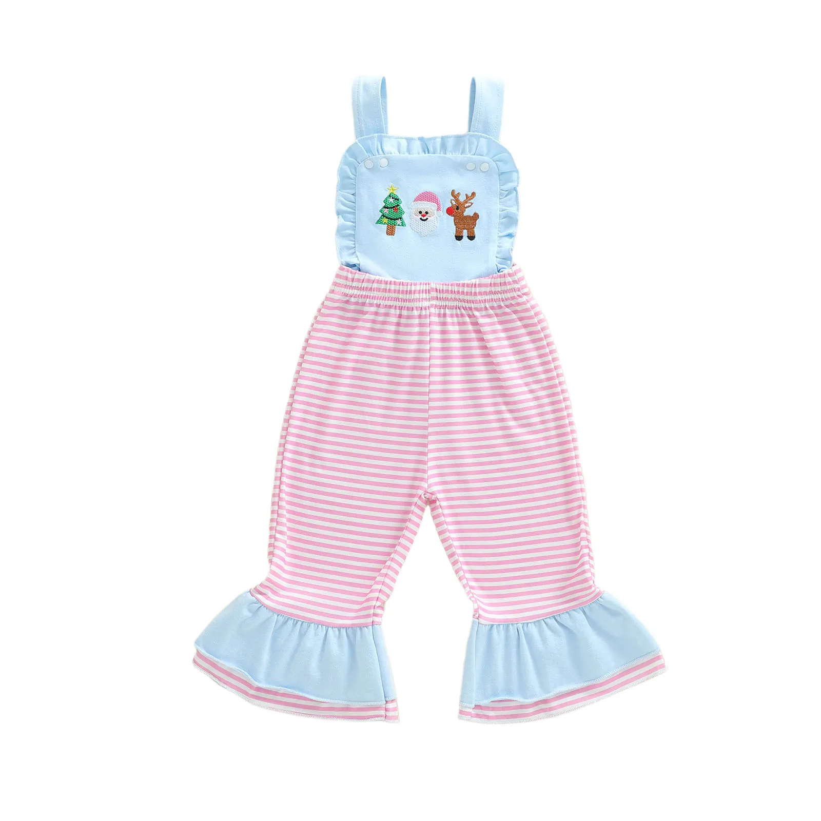 

Christmas Toddler Baby Girl Jumpsuit Cute Deer Embroidery Striped Sleeveless Overalls Bell Bottom Pants