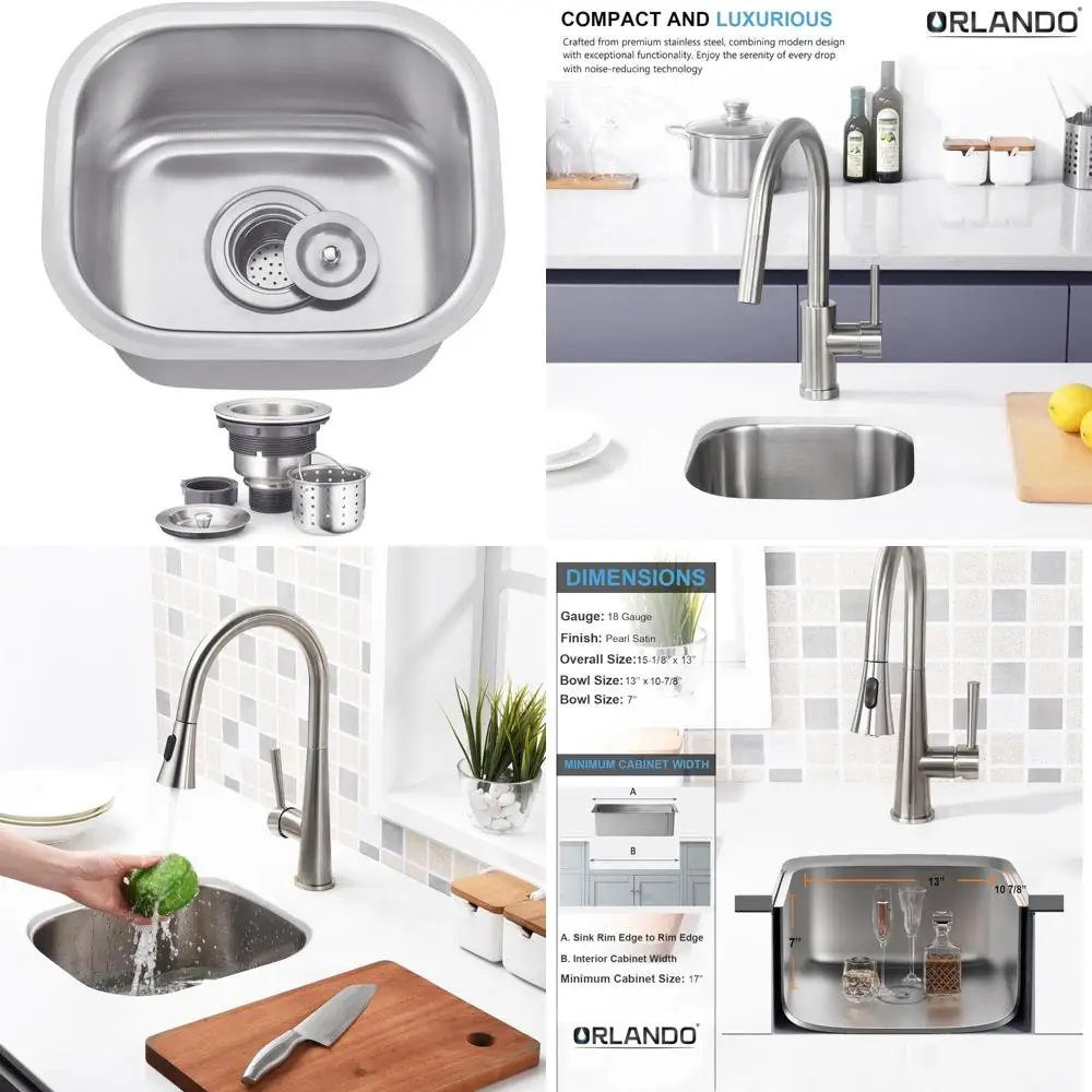 

15 Inch by 13 Inch Undermount Single Bowl Bar Sink with Basket Strainer for Small Kitchens