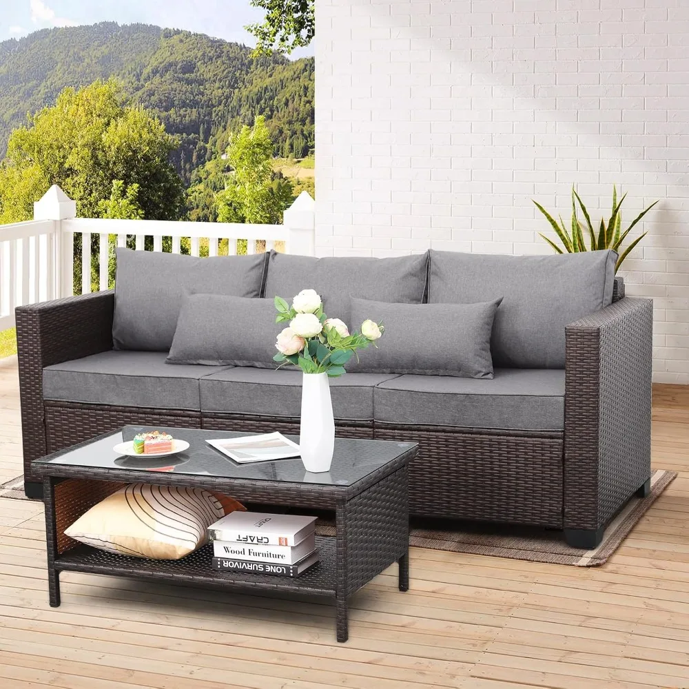 Outdoor PE Wicker Coffee Table - Patio Rattan Garden Side End Tea Table with Glass Top Furniture