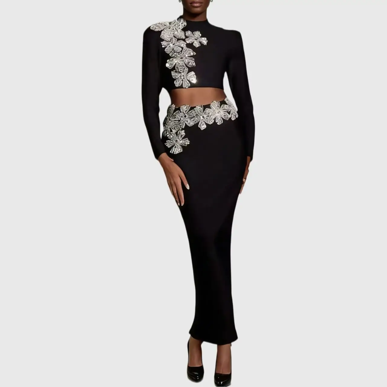 2026 Women Sexy Bandage Two Piece Set Diamonds Long Sleeve Top & Skirt Autumn Club Party Outfits
