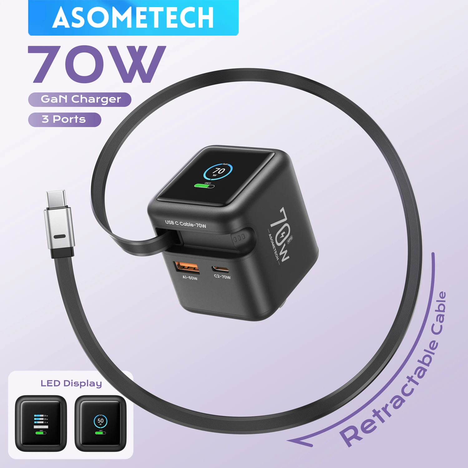شاحن ASOMETECH 70 وات GaN مع كابل من النوع C قابل للسحب 45 وات PD QC PPS شاحن سفر لهاتف iPhone 16 والكمبيوتر المحمول Macbook Tablet Samsung