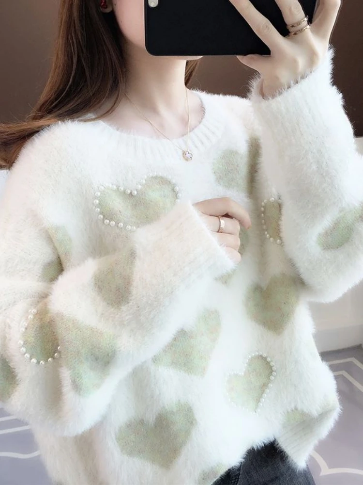 

New Winter Knit Sweater Pullover Women Fashion Imitation Mink Velvet Solid Cashmere Print Loose Clothes Casual Female Tops T118