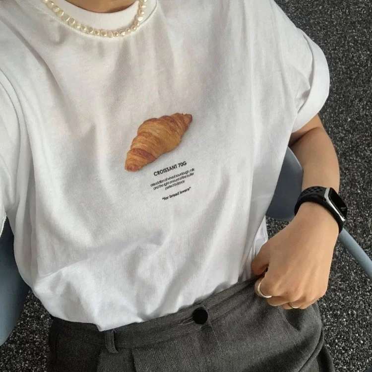 Sweet Croissant Print O-neck Cotton T-shirts Summer New Mid-length Loose Tee Shirt  Short Sleeve White Tops Women