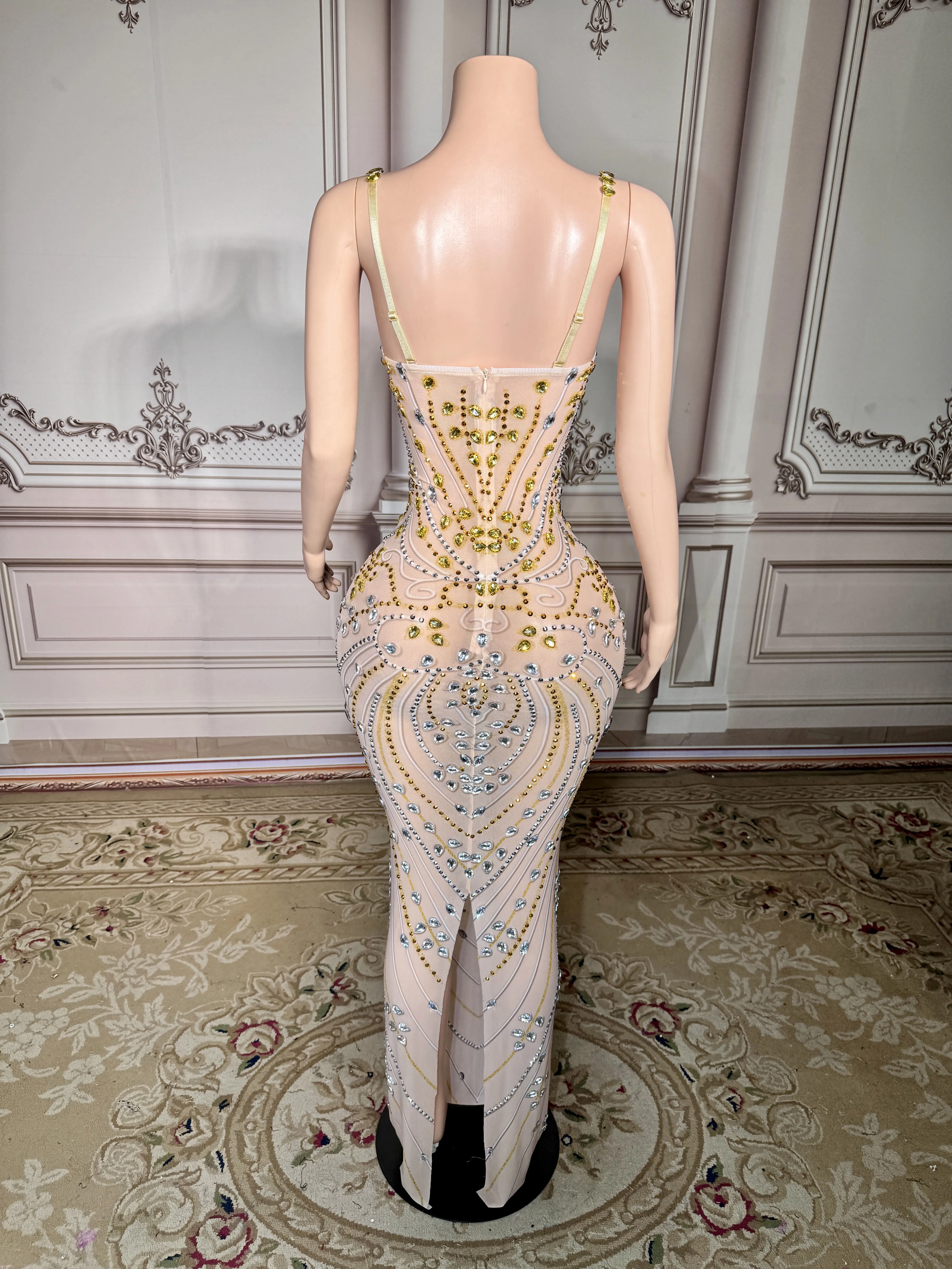 ZD Strass Langes einteiliges Maxikleid Glamour Sheer Pailletten Partykleider Prominente Outfits Clubwear