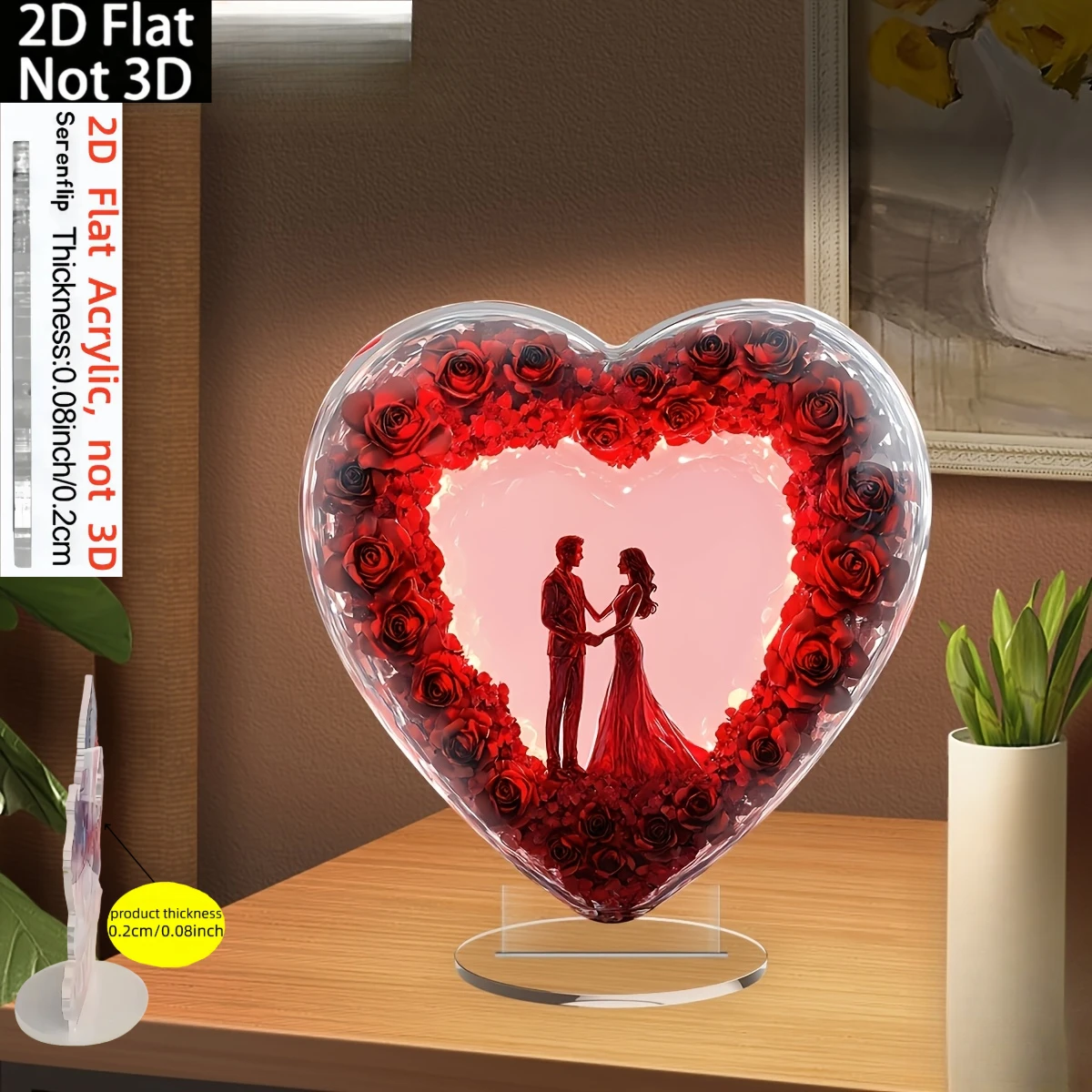 2D Flat, 1pc Valentine'S Day Heart-Shaped Acrylic Desktop Ornament - Bohemian Style Romantic Couple Silhouette with Red Roses, N