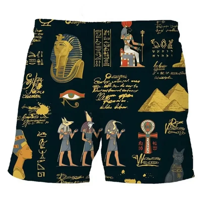 Egyptian Gold Hieroglyphs Symbols 3D Print Beach Shorts Men Women New Surfing Board Sport Pants Swimsuits Trunks Kids Clothing