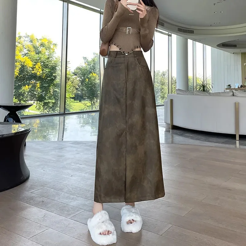 

Autumn Lady High Waist Faux Leather Maxi Skirt Retro Femme A-line Half Length Skirt Long Skirts 2025 Women Slit Pu Leather Skirt