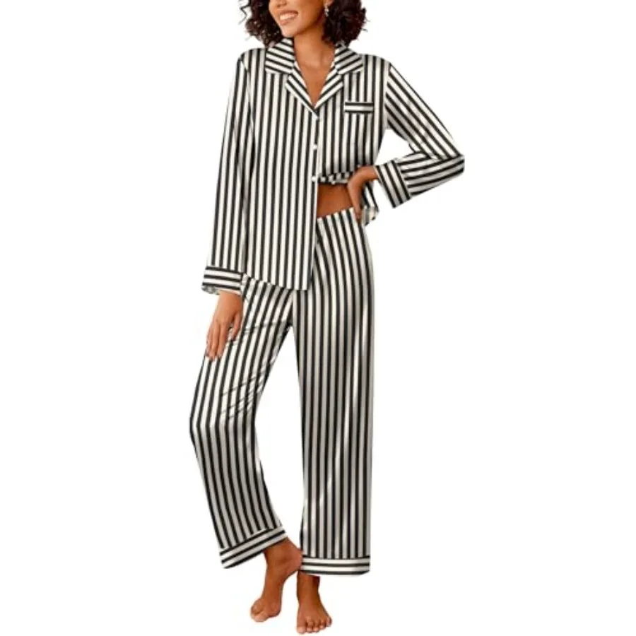 Ekouaer Womens Silk Satin Pajama Sets 2 Pcs Sleepwear Pjs Set Long Sleeve Button Down Top and Pants Stripe Loungewear S-XXL