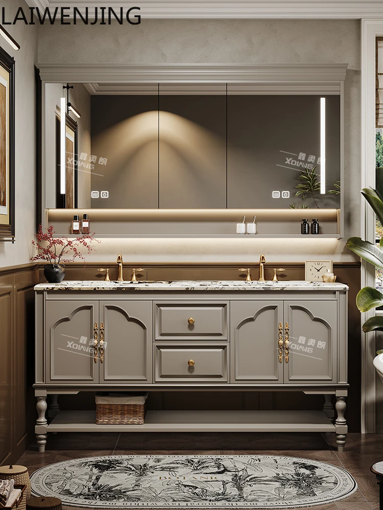 

HLZ retro bathroom cabinet combination bathroom luxury stone double basin washstand floor cabinet