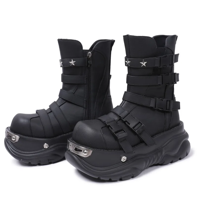 

Punk Style Women Shoes Exquisite Metal Decoration Motorcycle Boots for Woman Fashion Platform Boot Designer Shoes Botas Feminina