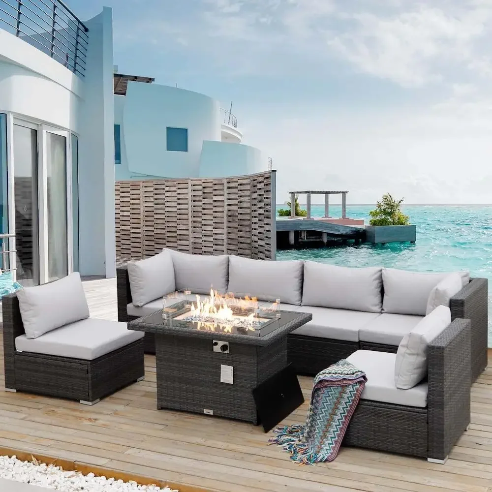 7 Piece Extra Large Patio urniture Set with ire Pit, Comortable 6-Person Outdoor Sectional Soa Sets with Highback Wide Deep Seat