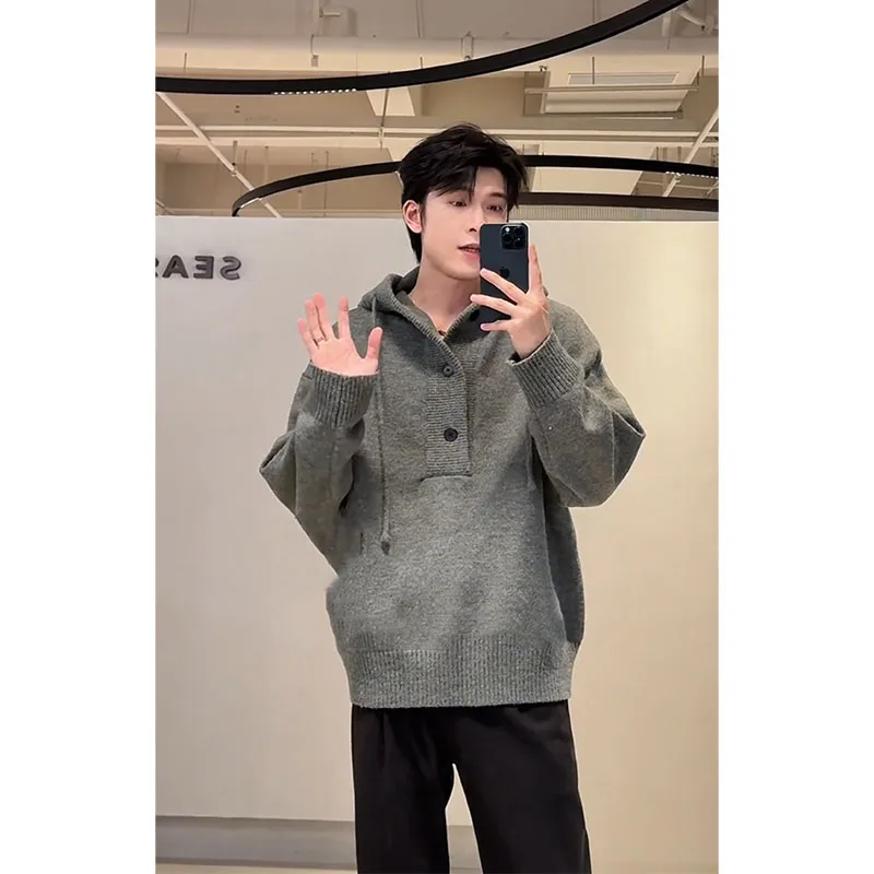 

Мужская серая толстовка-худи в американском ретро-стиле для весны и осени, высококачественная вязаная верхняя одежда свободного кроя в повседневном стиле