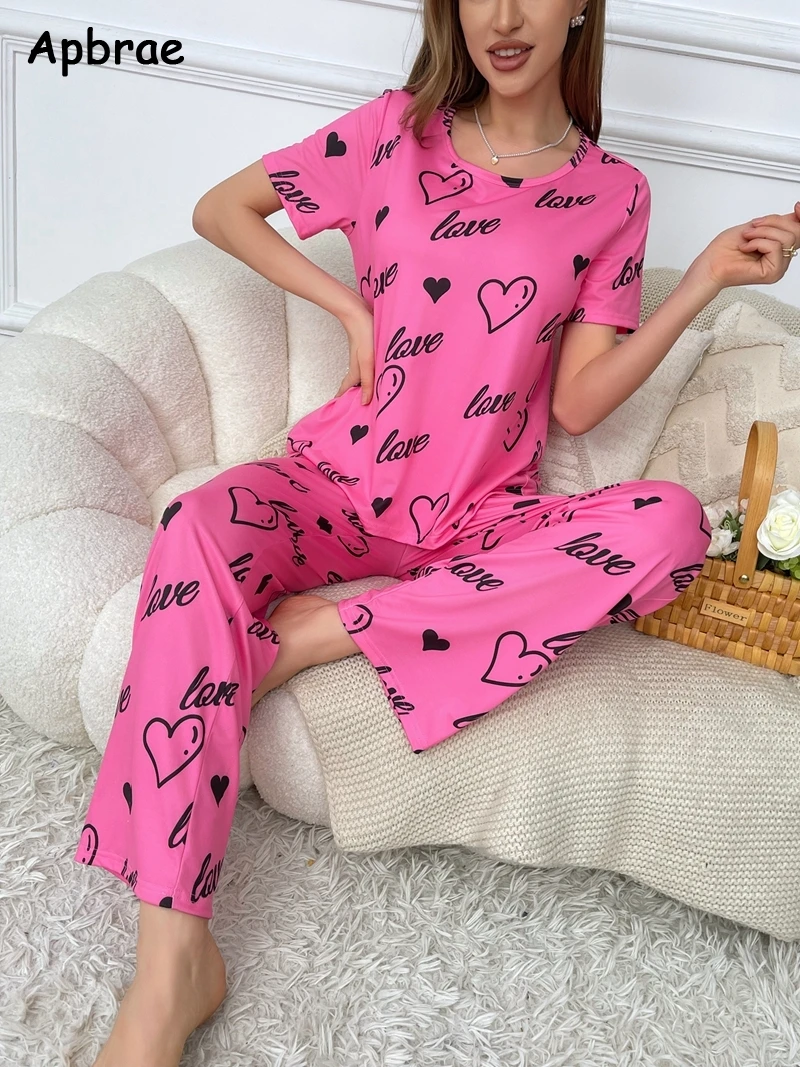 Spring Summer Pajamas for Women Heart Print Pijamas Soft Woman Sleepwear Fashion Short Sleeves Long Pants Girl Pajama Set