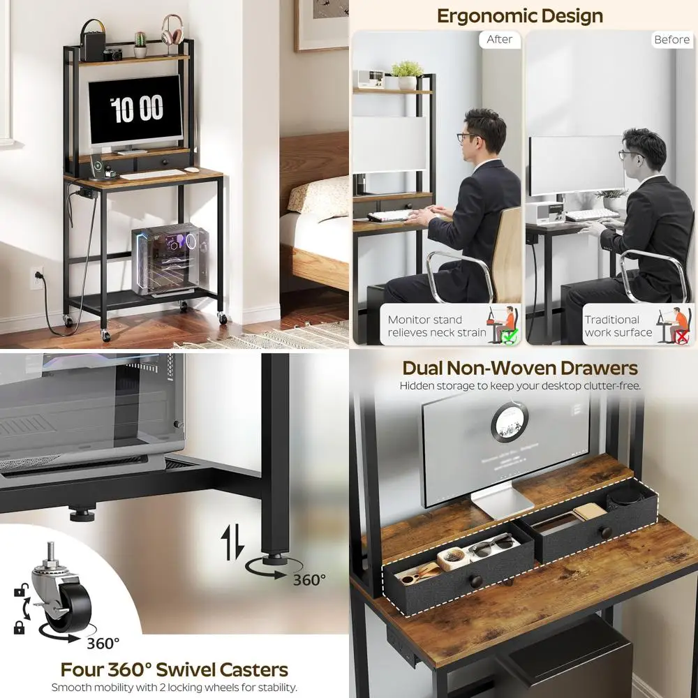 

Rustic Brown Home Office Desk with Hutch, Drawers, Power Outlets, and Monitor Stand on Wheels