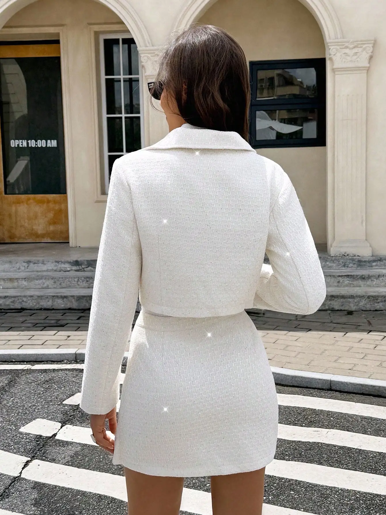 Beige Tweed Texture 2-Piece Set: Cropped Jacket with Gold Buttons & A-Line Skirt