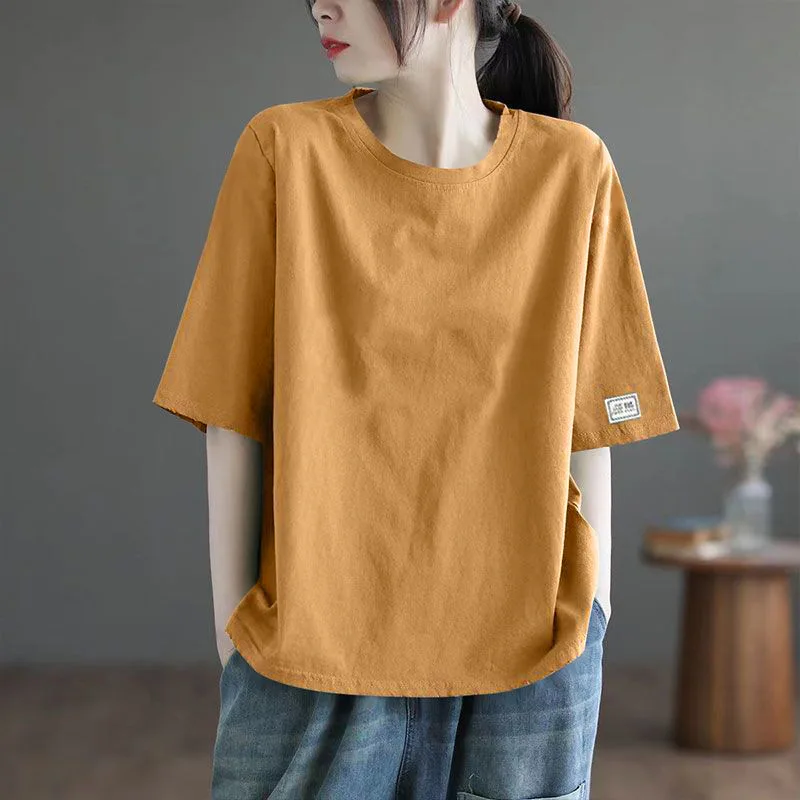 Elegant Fashion Harajuku Slim Fit Female Clothes Loose Casual Sweat All Match Tops Women Solid O Neck Insert Short Sleeve Tees