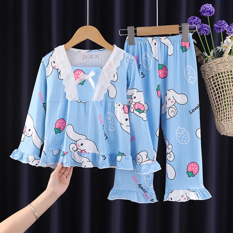 Pijama de seda gelada Sanrio Girls, lapelas de mangas compridas, ternos bonitos, roupas domésticas, roupas dos desenhos animados Kuromi, presentes de verão, novo