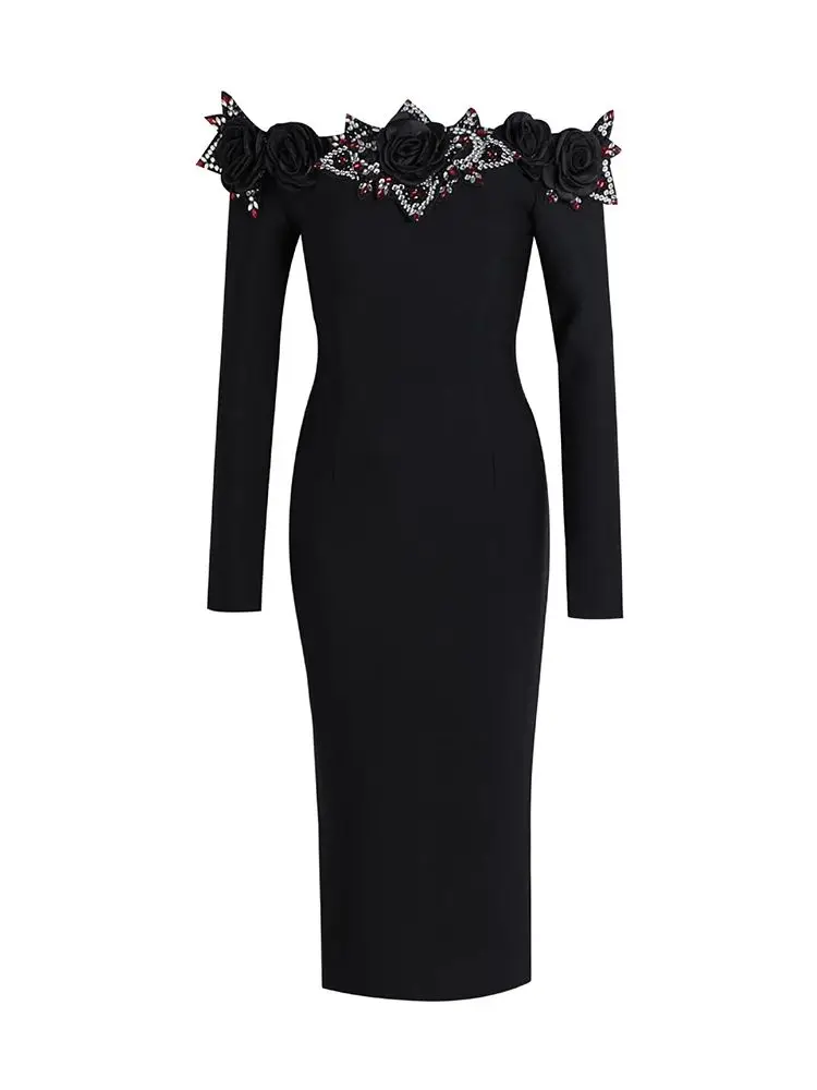 

2024 Summer New Women's Black Sexy Off Shoulder Long Sleeve Diamond Rose Bandage Midi Dress Bodycon Celebrity Evening Dress