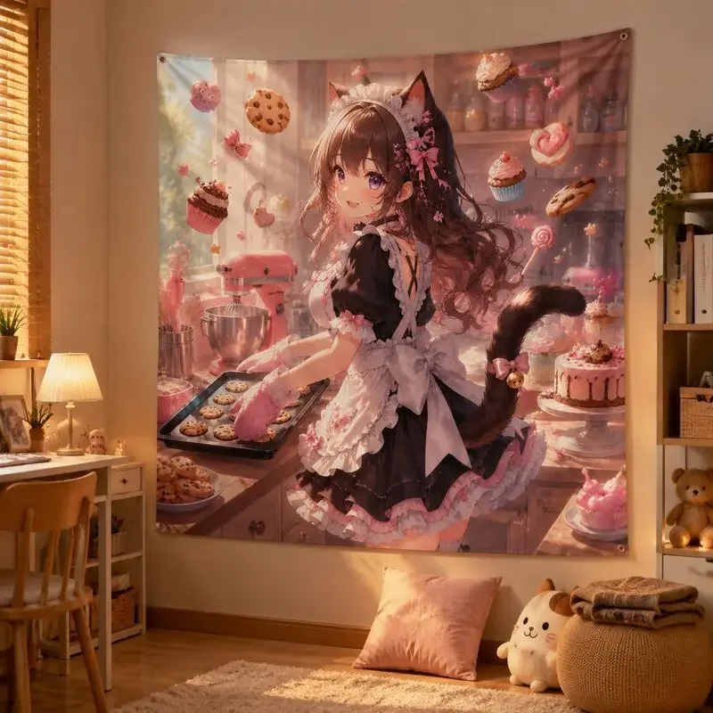 VIKAMA Pink Cat Maid Anime Tapestry, Kawaii Aesthetic Wall Hanging, Cute Floral Wall Decor Blanket for Girls Bedroom Dorm