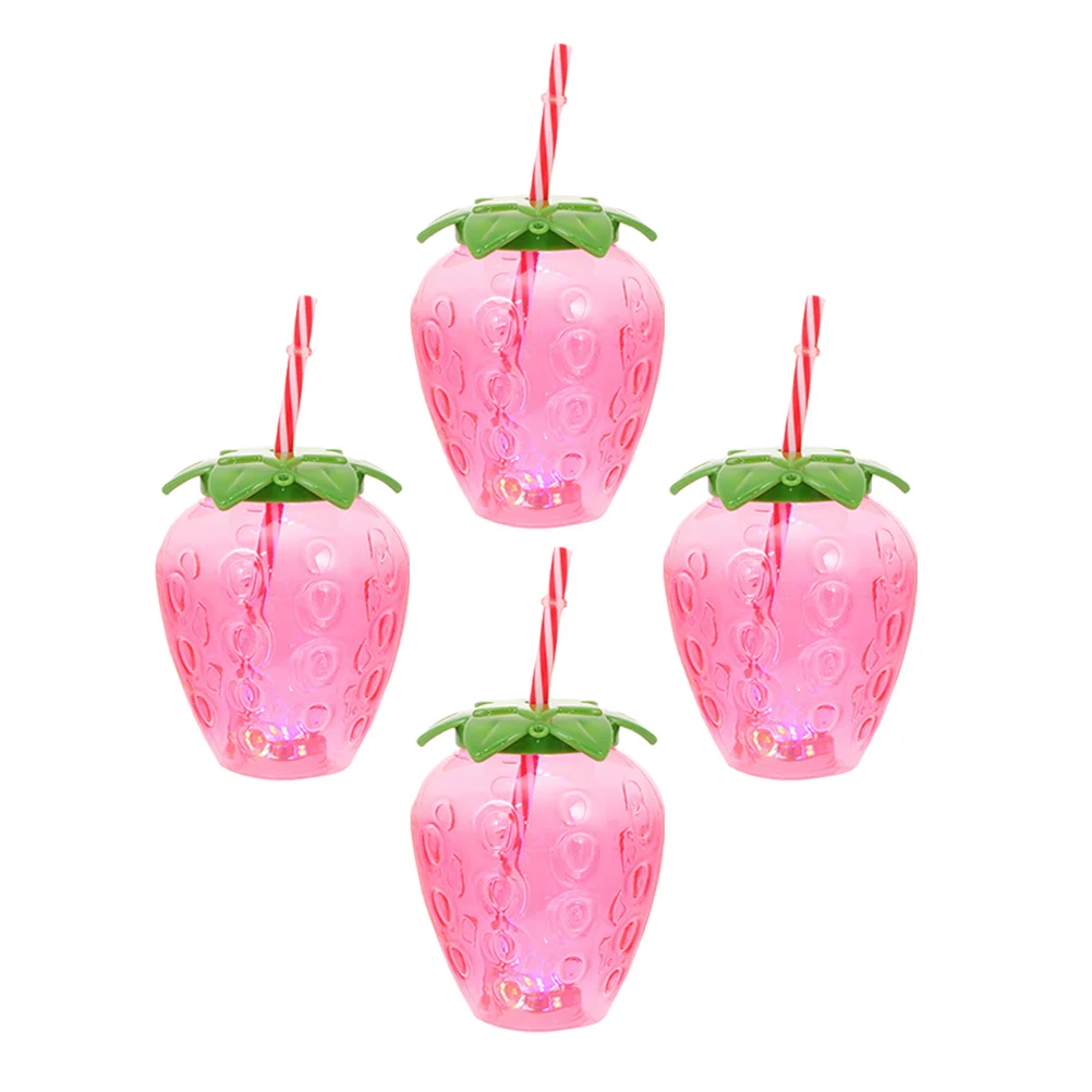 4 Sets Milk Tea Cup Strawberry Straws Clear Water Light Cups Red Pp Material Bottle Child