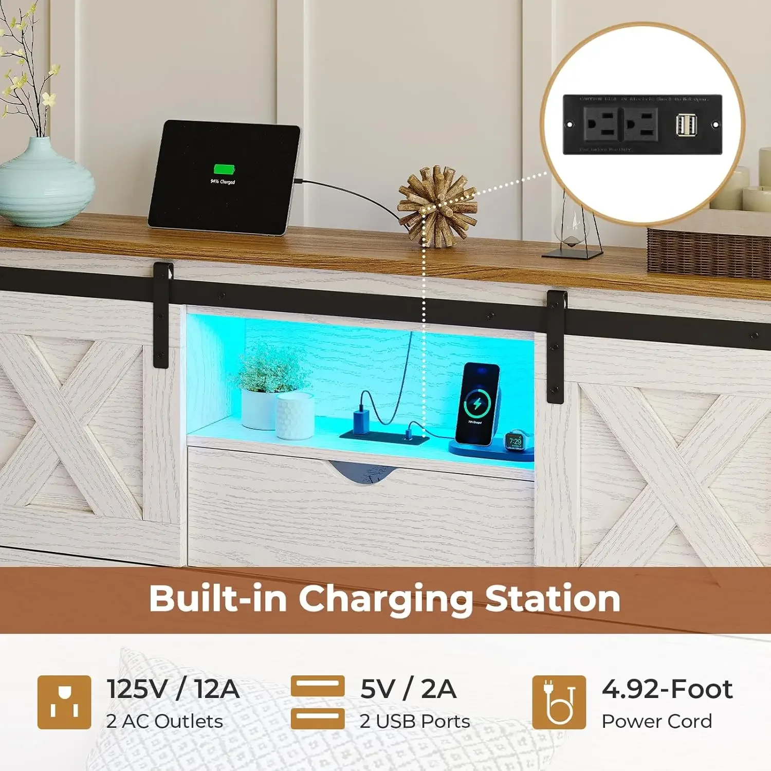 [الأسهم المحدودة! إطار سرير مزدوج الحجم مع درجين للتخزين، وسرير مزدوج بمنصة خشبية مع أضواء LED ومحطة شحن، Rusti #6