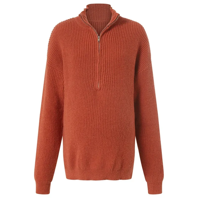 Maternity Sweater for Women Brick Red Knitted Nursing Cardigan Soft Loose Fit Pregnancy Top Half Zip Stand Collar Clothes