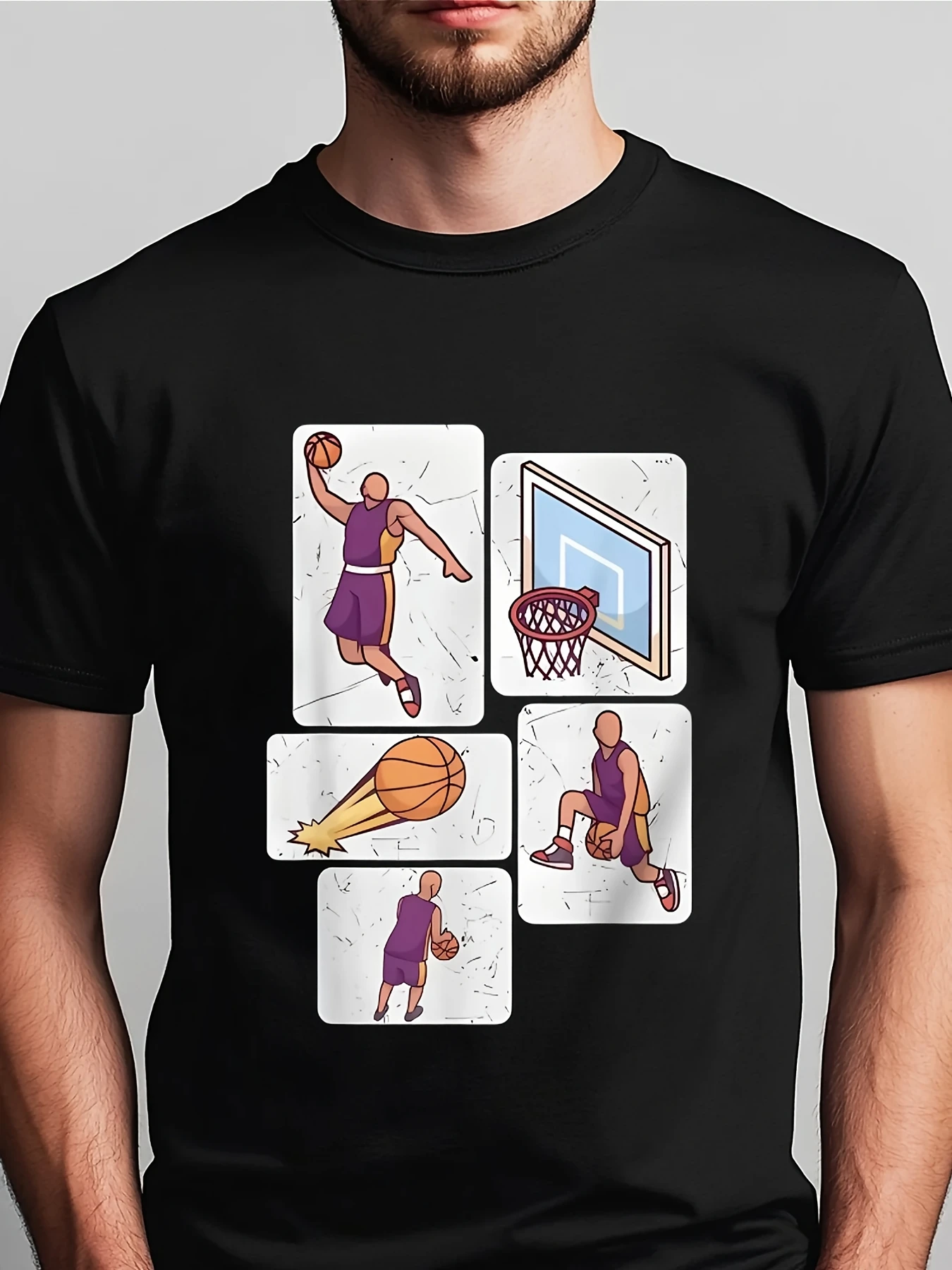 Men's Basketball Star Printed Short Sleeve Cotton T-Shirt, Black Sports