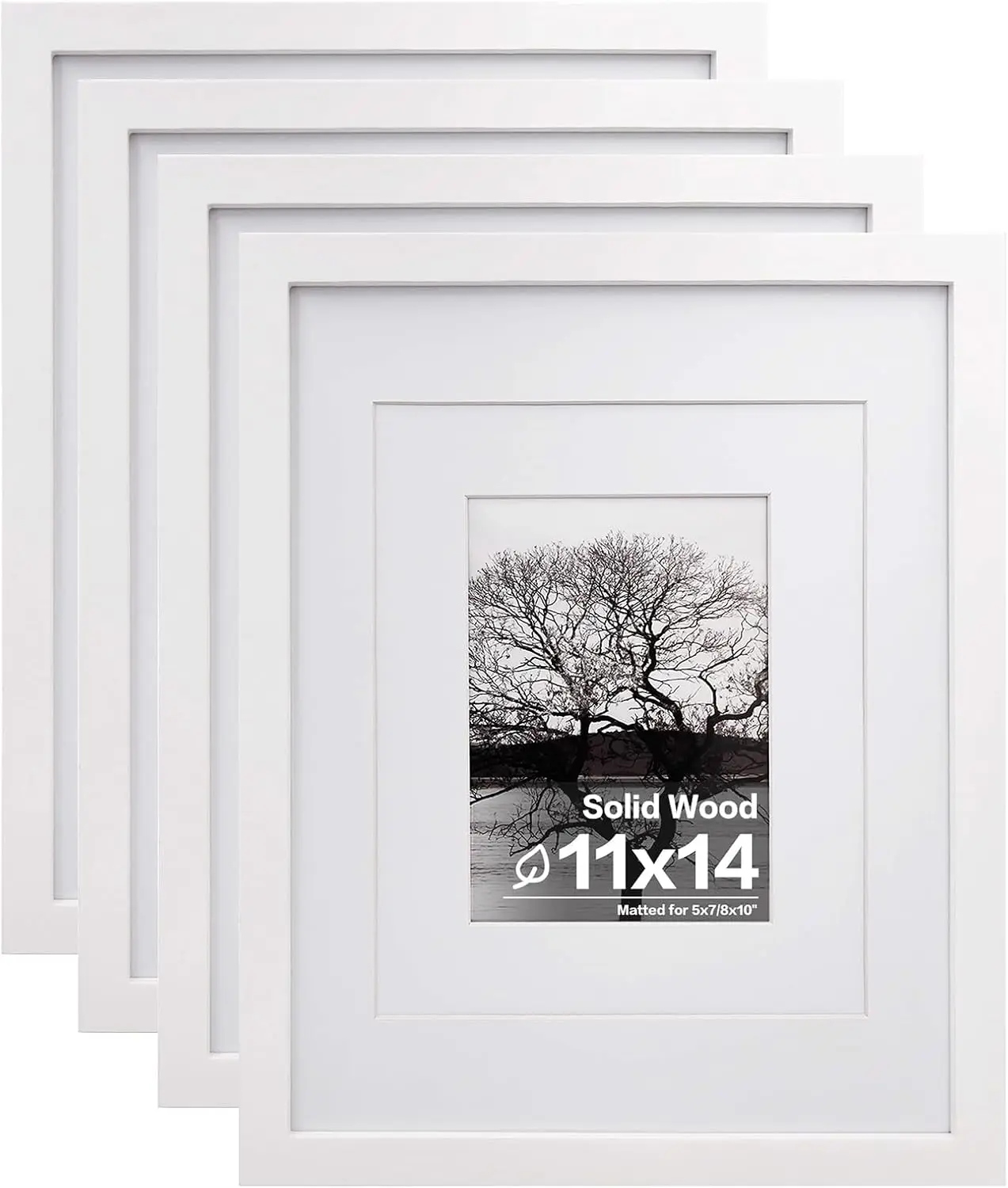 

11x14 Picture Frames Set of 4, Solid Wood with Plexiglass, 5x7 and 8x10 with Mat or 11x14 without Mat, for Tabletop Display and