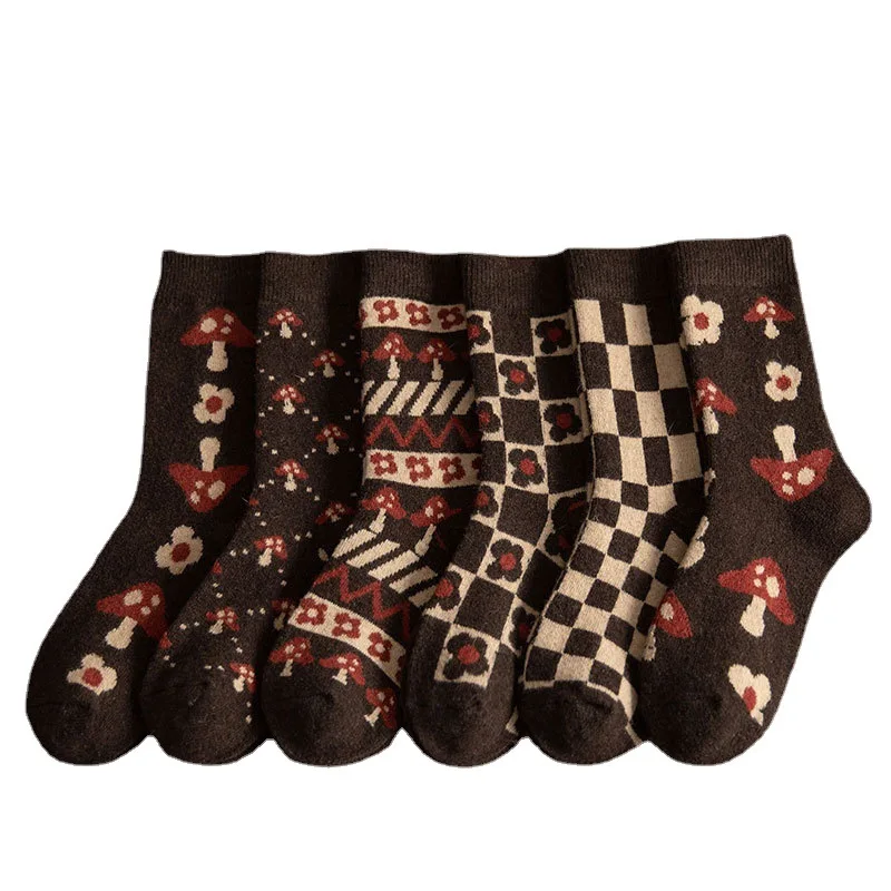 

Thickened Warm Wool Tube Socks Casual Socks Autumn and Winter Warm Comfortable Cotton Checkerboard Mushroom Cute Socks