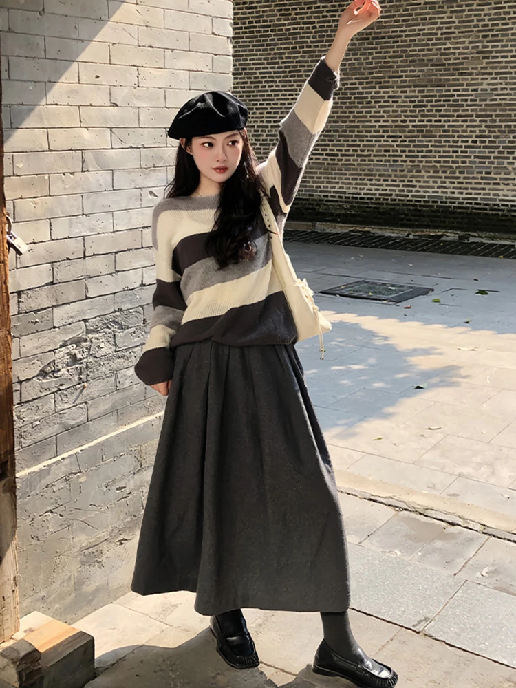 

High Waist A-Line Skirt Women's Loose Overlap Woolen Skirts Casual Sle Daily Wear Chinese Brandl Product