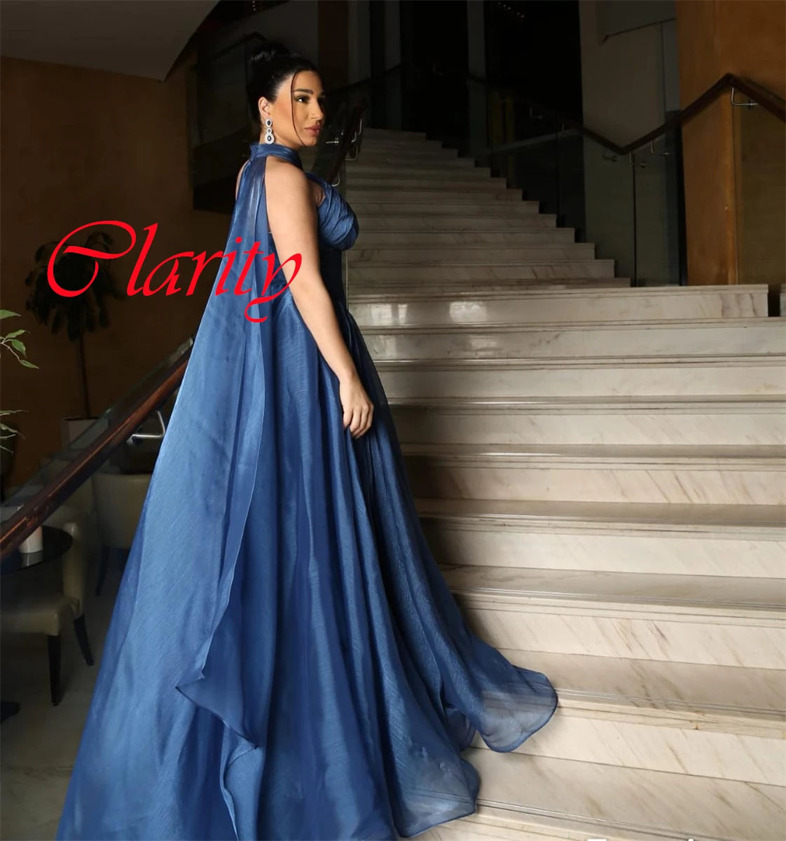 Customized Exquisite Blue Satin Evening Dress Temperament Halter Sleeveless Zipper Back Sweep Train Special Occasion Gowns