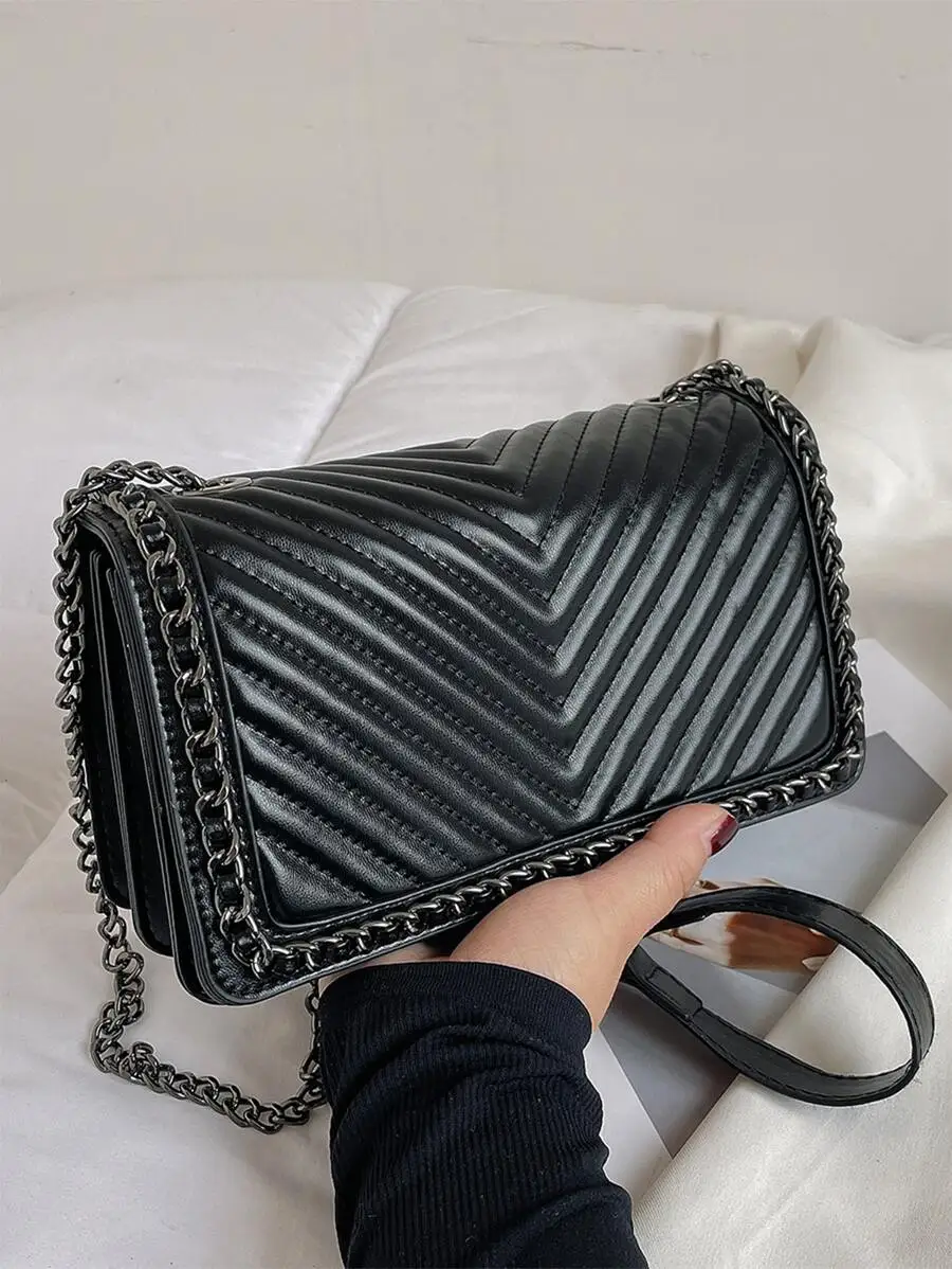 

Fashion Chain Decor V-Shape Embroidery Thread Shoulder Bag Crossbody Bag Women Small Square Bag