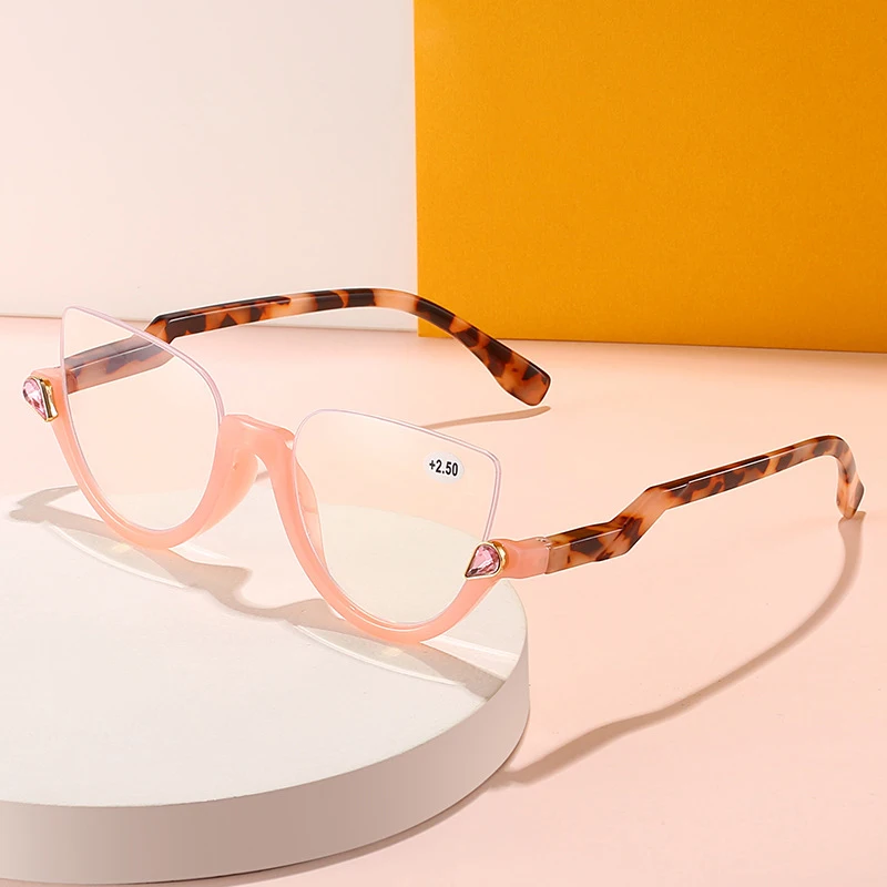 New Women TR90 Semi Rim Anti Blue Ray Reading Glasses Magnifier Female Presbyopic Hyperopia Spectacles Fashion Inlaid Rhinestone