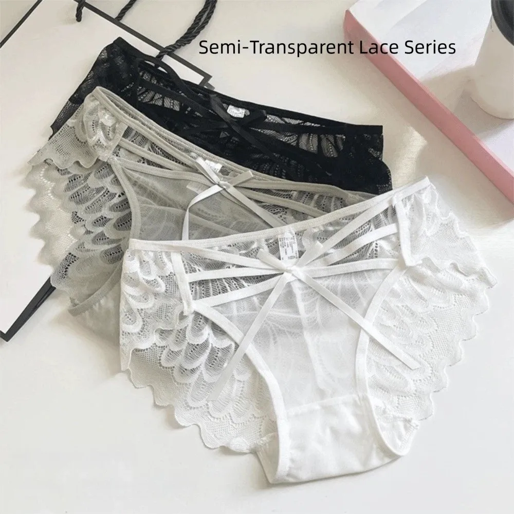 

Sweet Low Waist Lace Panties Bow Transparent Mesh Flower Briefs Lingerie Thin Strap Lace Thin Underwear Girl