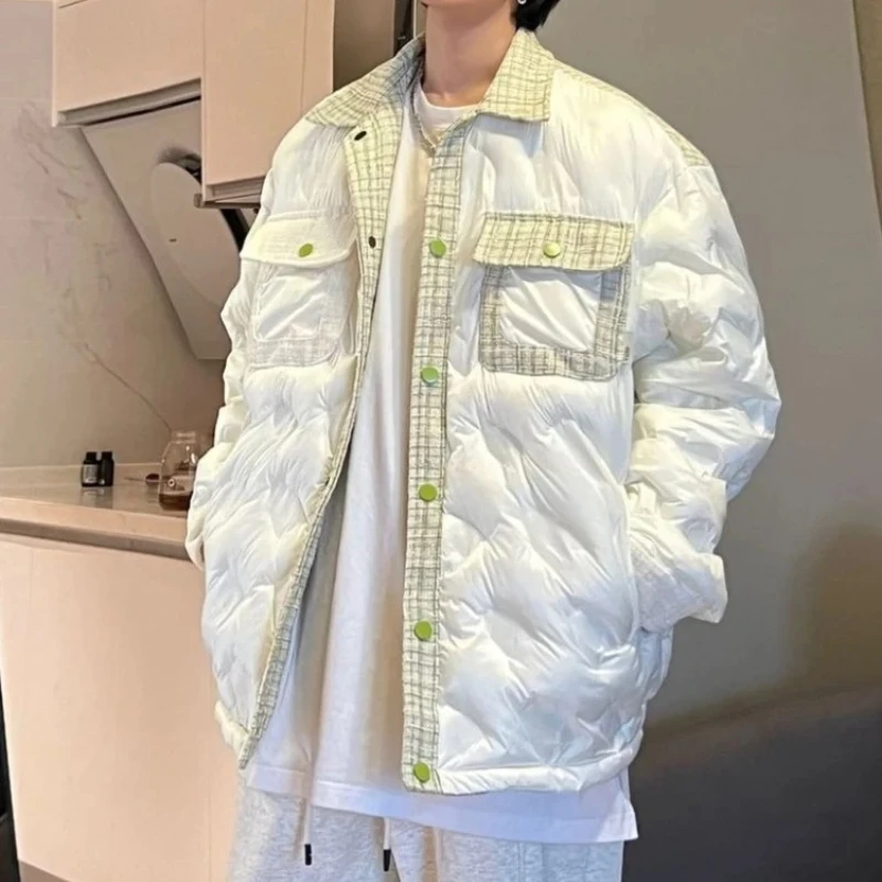 

​Men's Winter Thickened Patchwork Cotton Coat Retro American Hiphop Design Warm Oversized Streetwear Jacket​