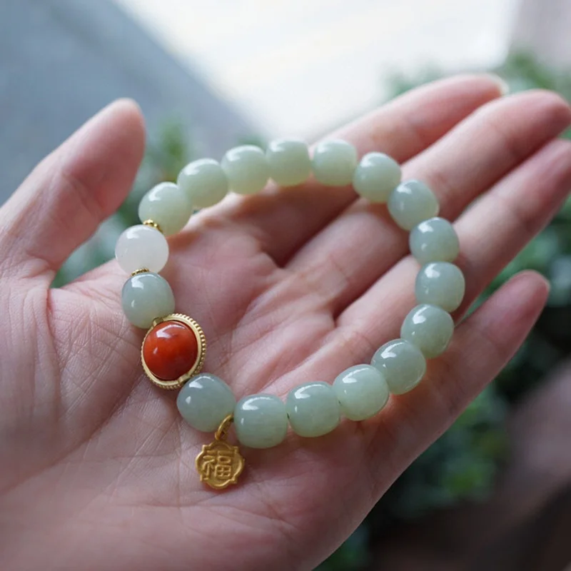 Natural Hetian 10*9mm Old Style Bead Paired with Red and White Jade Bracelet