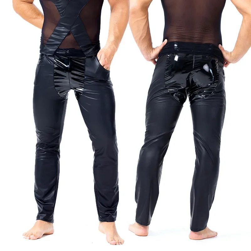 

Sexy Mannelijke Splice Leren Broek Fad Strakke Lakleren Outfit Herenkleding Faux Leather Punk Broek Elastische Strakke Broek